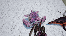 a pink crab is laying in the snow next to another crab