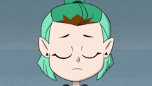 a cartoon drawing of a girl with green hair and a sad look on her face
