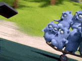 a group of cartoon animals are riding on a skateboard with the number 10 on it