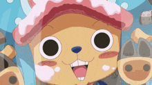 a close up of a cartoon character wearing a cake hat