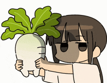 a cartoon of a girl holding a radish in her hands