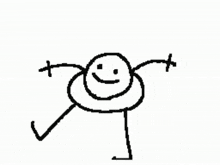 a black and white drawing of a stick figure with a smiley face and arms and legs .