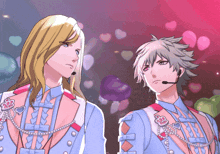 a couple of anime characters standing next to each other with hearts in the background
