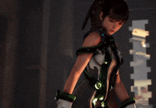 a woman in a futuristic outfit is standing in front of a building with the letter e on it