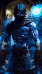 a purple skeleton with yellow eyes is standing in a dark room with a hood on .