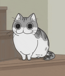 a cartoon cat with big eyes is sitting on a wooden floor