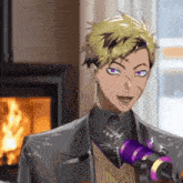 a man with purple eyes is standing in front of a fireplace and a microphone