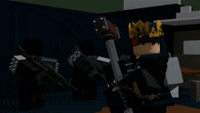a cartoon character wearing a crown and holding a sword with a warning sign in the background