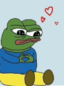 a cartoon frog is making a heart shape with his hands while sitting down .