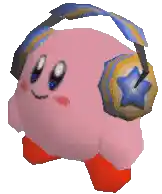 a pink cartoon character wearing headphones with a star on it .