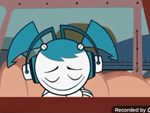 a cartoon of jenny wearing headphones is being recorded