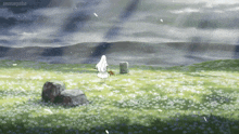 a girl in a white dress stands in a field of flowers with the word animepahe on the bottom