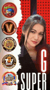 a woman stands in front of a poster that says super g