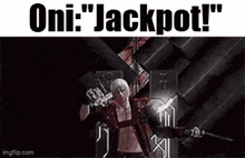 a man in a red jacket is holding a gun in a dark room and says `` oni : jackpot ! ''