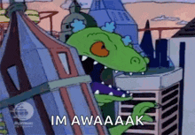 a cartoon of a dinosaur with the words im awaaak on the bottom