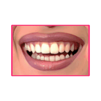 a close up of a woman 's teeth with a pink lip color