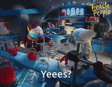a cartoon scene from the treachle people shows a scientist talking to another scientist