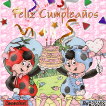 two ladybugs holding a birthday cake with the words feliz cumpleanos