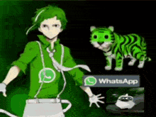 a man in a green shirt is standing next to a green tiger with a whatsapp logo on it
