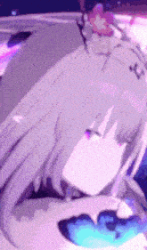 a close up of a person 's face with a purple and blue background .