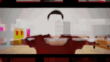a man in a red shirt is in a room with a brick wall