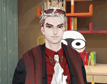 a man wearing sunglasses and a scarf is standing in front of a bookshelf with a book titled exo