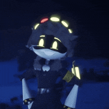 a cartoon character with glowing eyes is wearing a black jacket