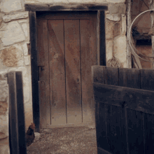 a chicken standing in front of a wooden door in a stone building