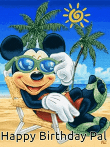 a picture of mickey mouse wearing sunglasses on the beach with the words happy birthday pal