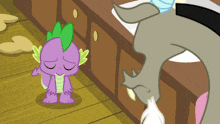 a cartoon of a purple dragon with green leaves standing next to a gray dragon