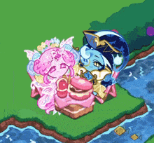 a couple of cartoon characters are sitting next to each other on top of a table .