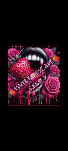 a picture of a strawberry in a woman 's mouth with the words sweet escape family written below it