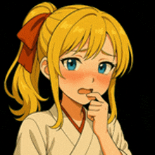 a girl with blonde hair and blue eyes has a red bow in her hair .