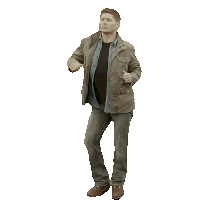 a man in a jacket and jeans has two faces on his back