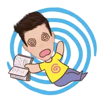a cartoon of a man reading a book with his eyes spinning