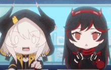 two anime characters are sitting next to each other and one of them has horns on her head