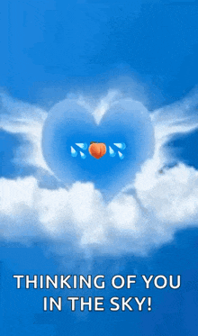 a heart shaped cloud with a peach inside of it and the words `` thinking of you in the sky ! ''