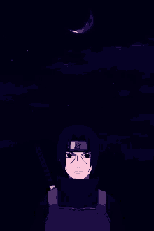 a drawing of a person with a sword and a crescent moon in the background