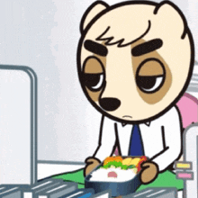 a cartoon bear is sitting at a desk with a bento box in his hands .