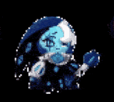 a pixel art drawing of a person holding a purple object