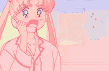 a cartoon girl is talking on a pink phone