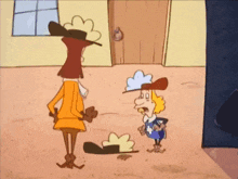 two cartoon characters are standing next to each other in a room