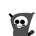 a cartoon grim reaper with a skull on his head is holding his arms up in the air .