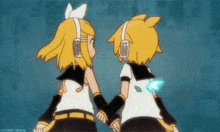 a boy and a girl are holding hands in a cartoon while wearing headphones .