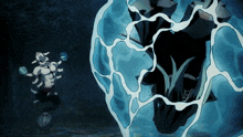 a cartoon drawing of a man standing in front of a huge blue object