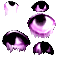 a bunch of purple and black eyes with a white background