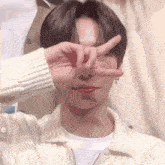 a close up of a person making a peace sign with their hands .