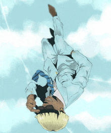 a man in a suit and tie is upside down in the sky