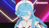 a girl with long blue hair is smiling in front of a sign that says " fight "
