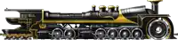 a black and gold train with a logo on the side